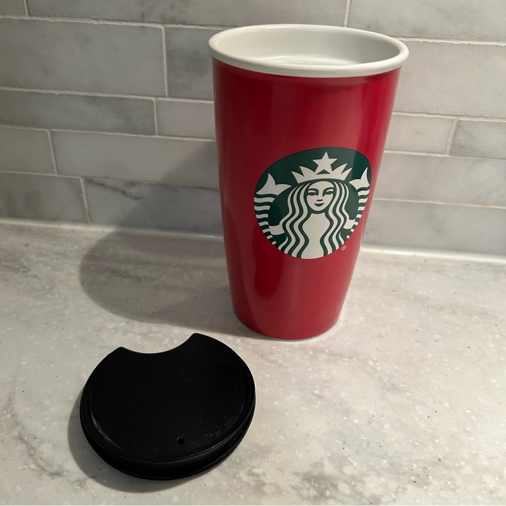 Starbucks classic Red green ceramic Tumbler with Lid. Travel mug. EUC!